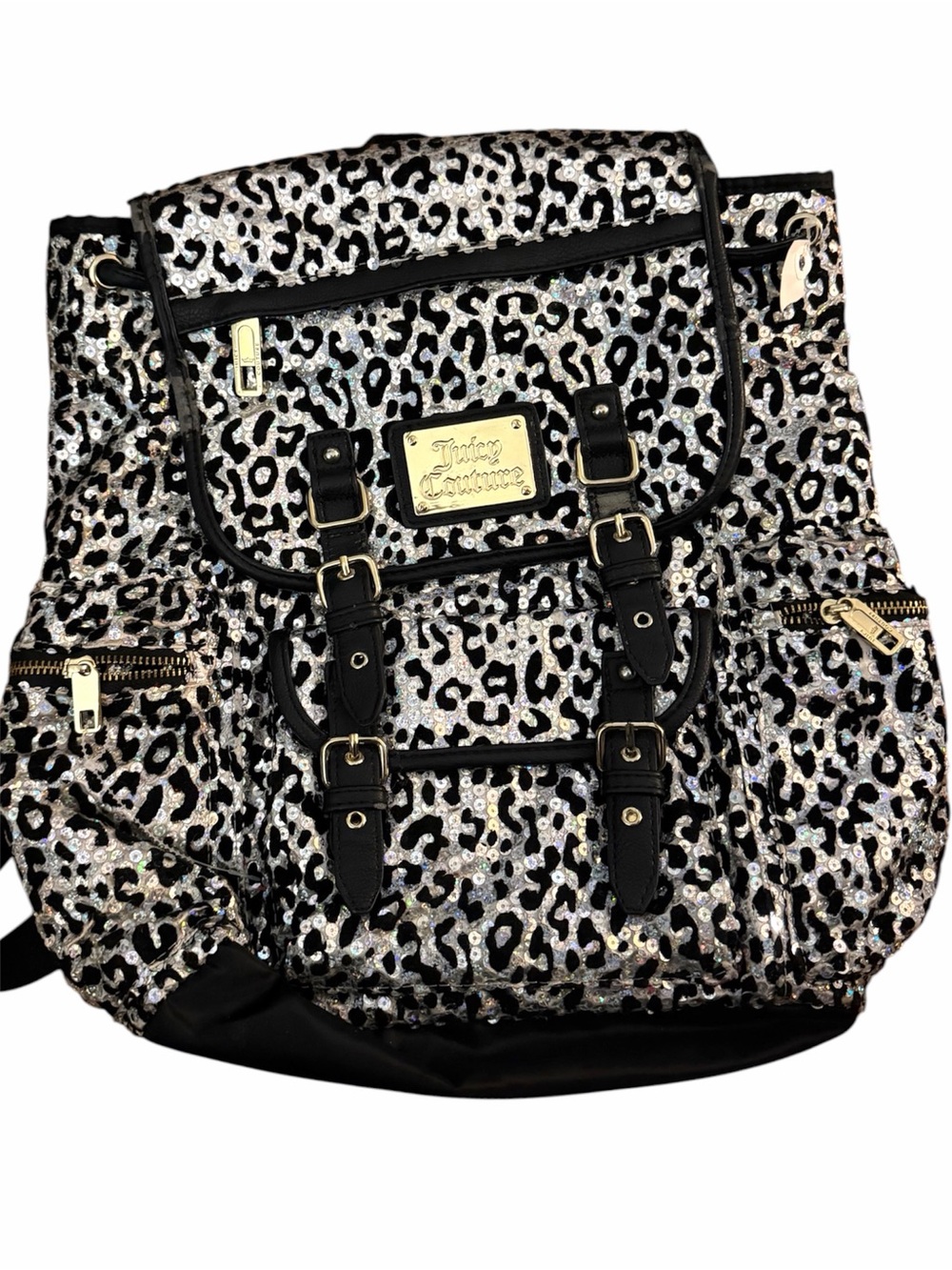 Juicy Couture Holographic Silver Sequin Leopard Print Backpack